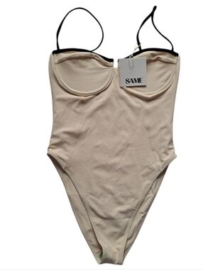 SAME Beige & Black Strap One-Piece Bodysuit